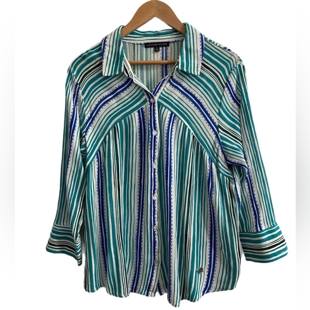 Adrienne Vitadini teal, blue & white striped 3/4 sleeve button up blouse